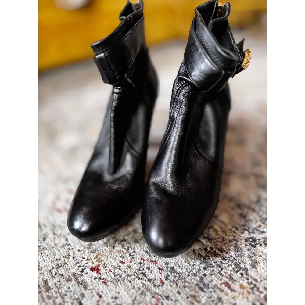 Tory Burch Black Leather Ankle Boots Gold Buckle Side Zip High Heel Booties 8.5